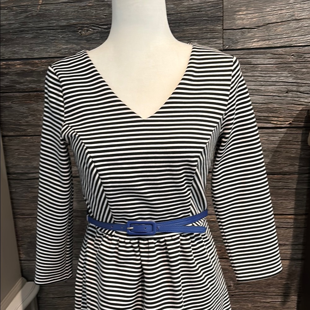 The Limited black and white striped dress with blue belt - Picture 3 of 13